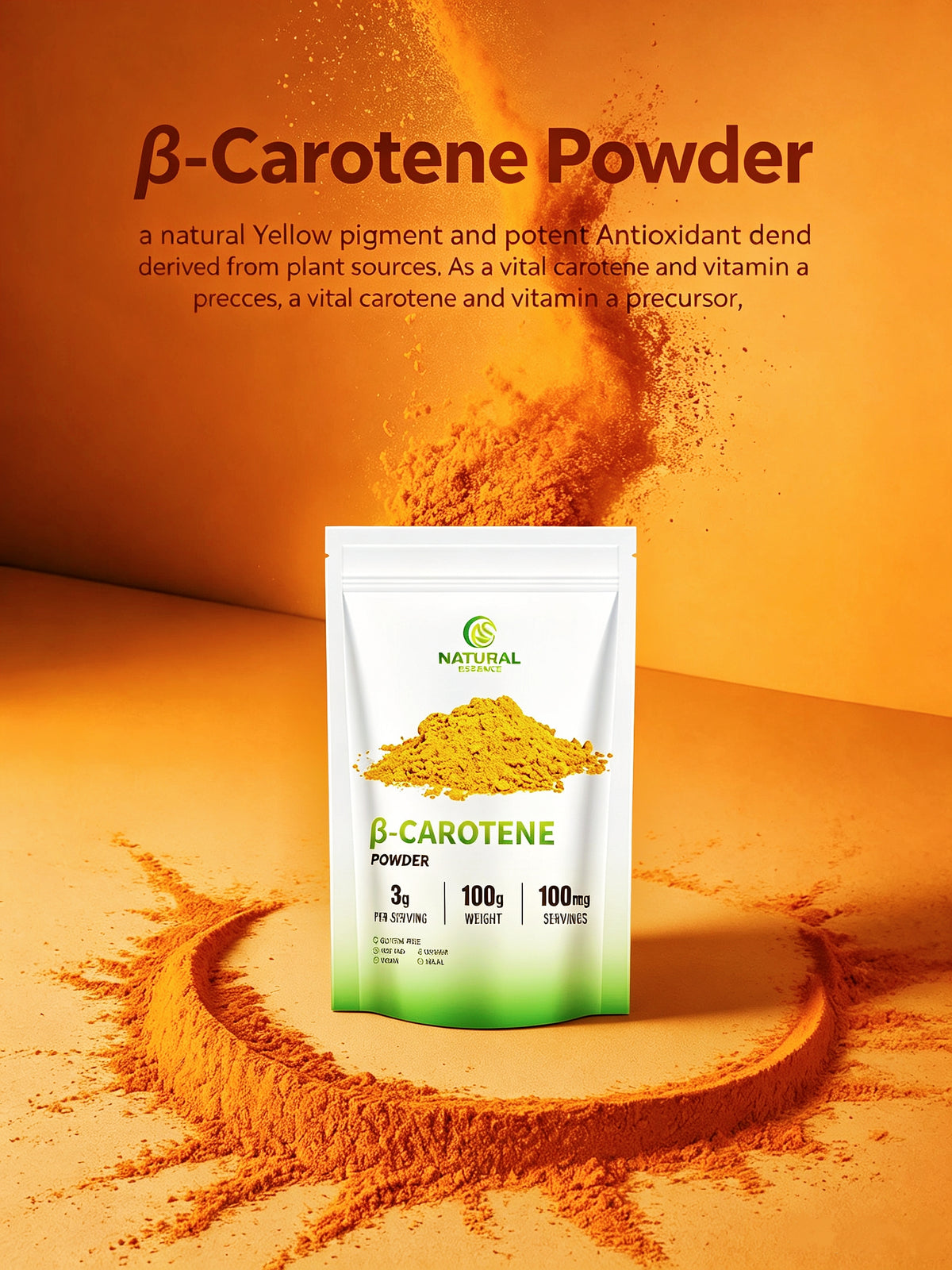 Beta Carotene Antioxidant Powder - Provitamin A for Immune Support & Skin Health- Dietary Supplements